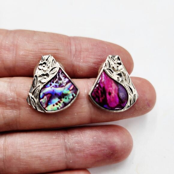 Vintage 80's Signed DURI Silver Tone Inlaid Abalone Shell Pink Stud Earrings - Picture 1 of 6